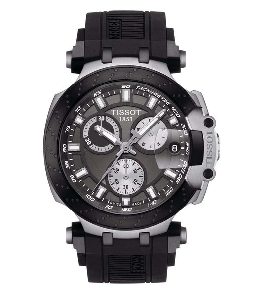A TISSOT T-Race Chronograph Watch for Men featuring a black silicone strap and a round anthracite dial with chronograph functions.