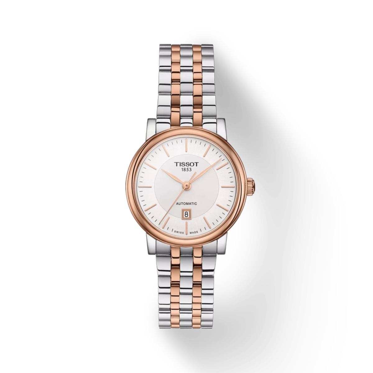 Tissot watch with two-tone rose gold and silver bracelet on a white background