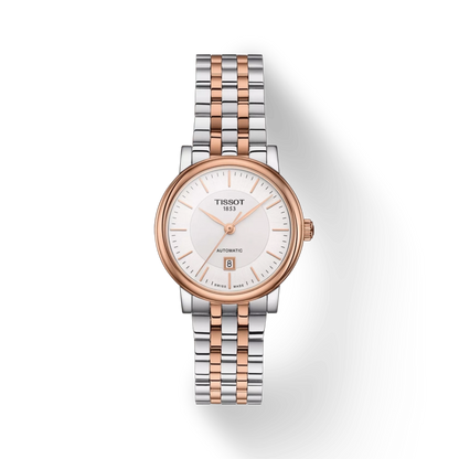 Tissot watch with two-tone rose gold and silver bracelet on a white background