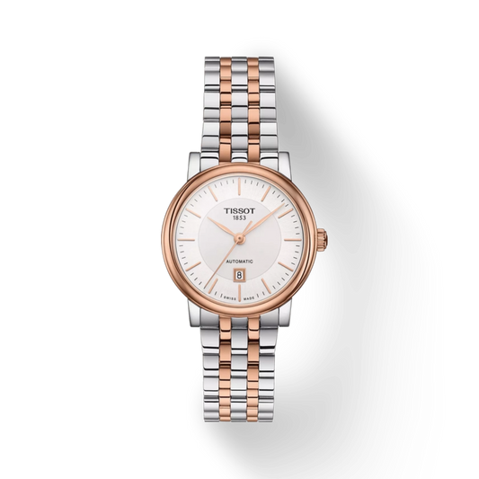 Tissot watch with two-tone rose gold and silver bracelet on a white background