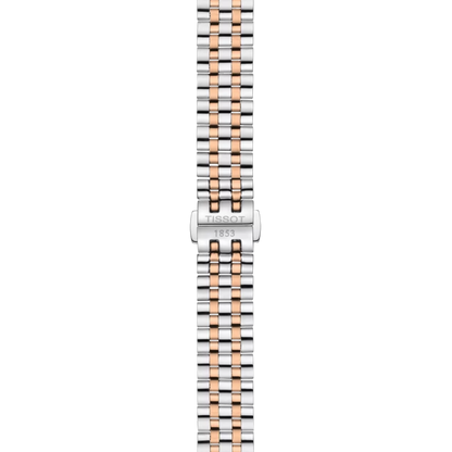 Two-tone watch strap with Tissot logo on a white background