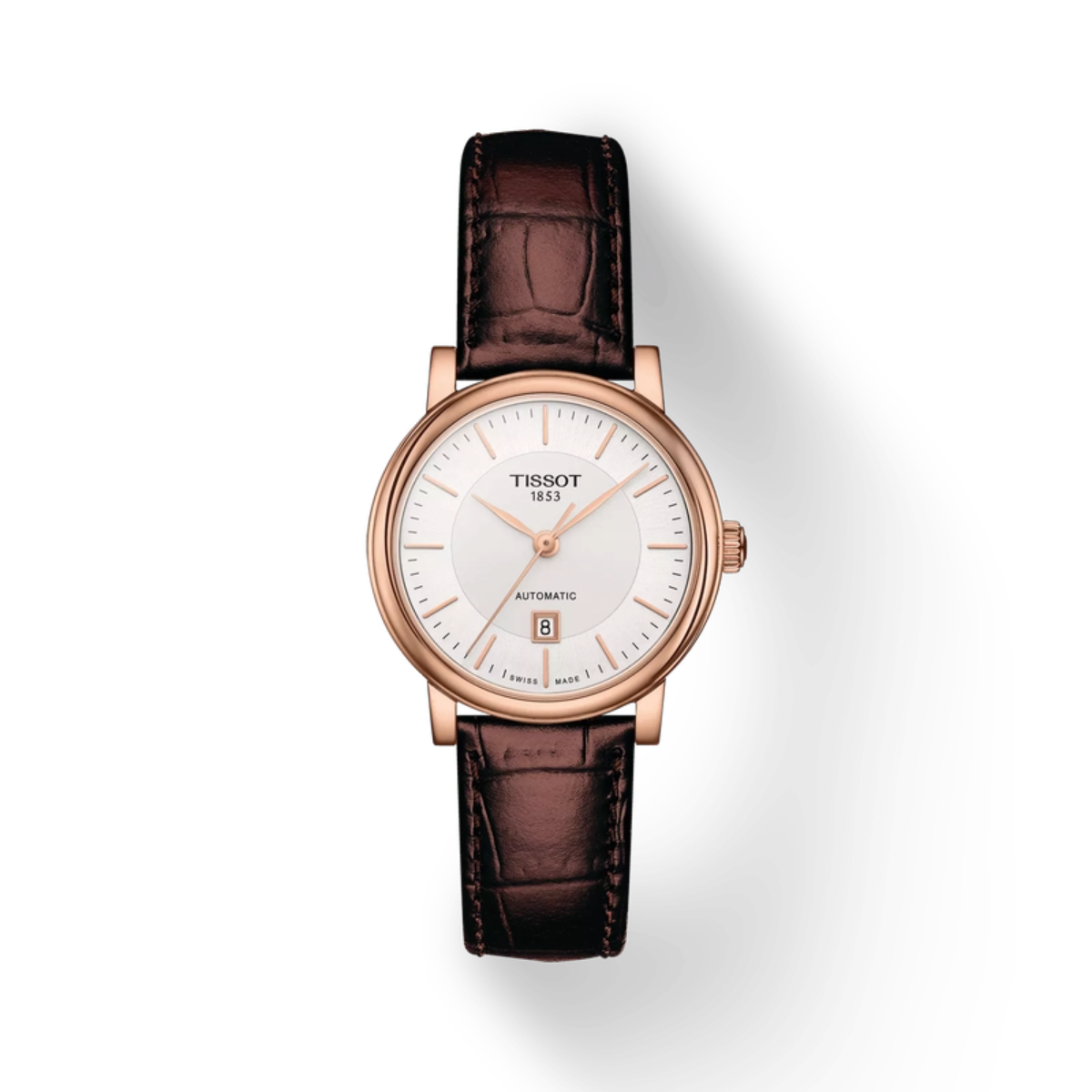 Tissot watch with brown leather strap and rose gold case on white background