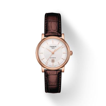 Tissot watch with brown leather strap and rose gold case on white background