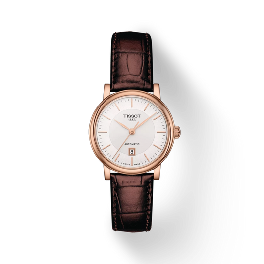 Tissot watch with brown leather strap and rose gold case on white background