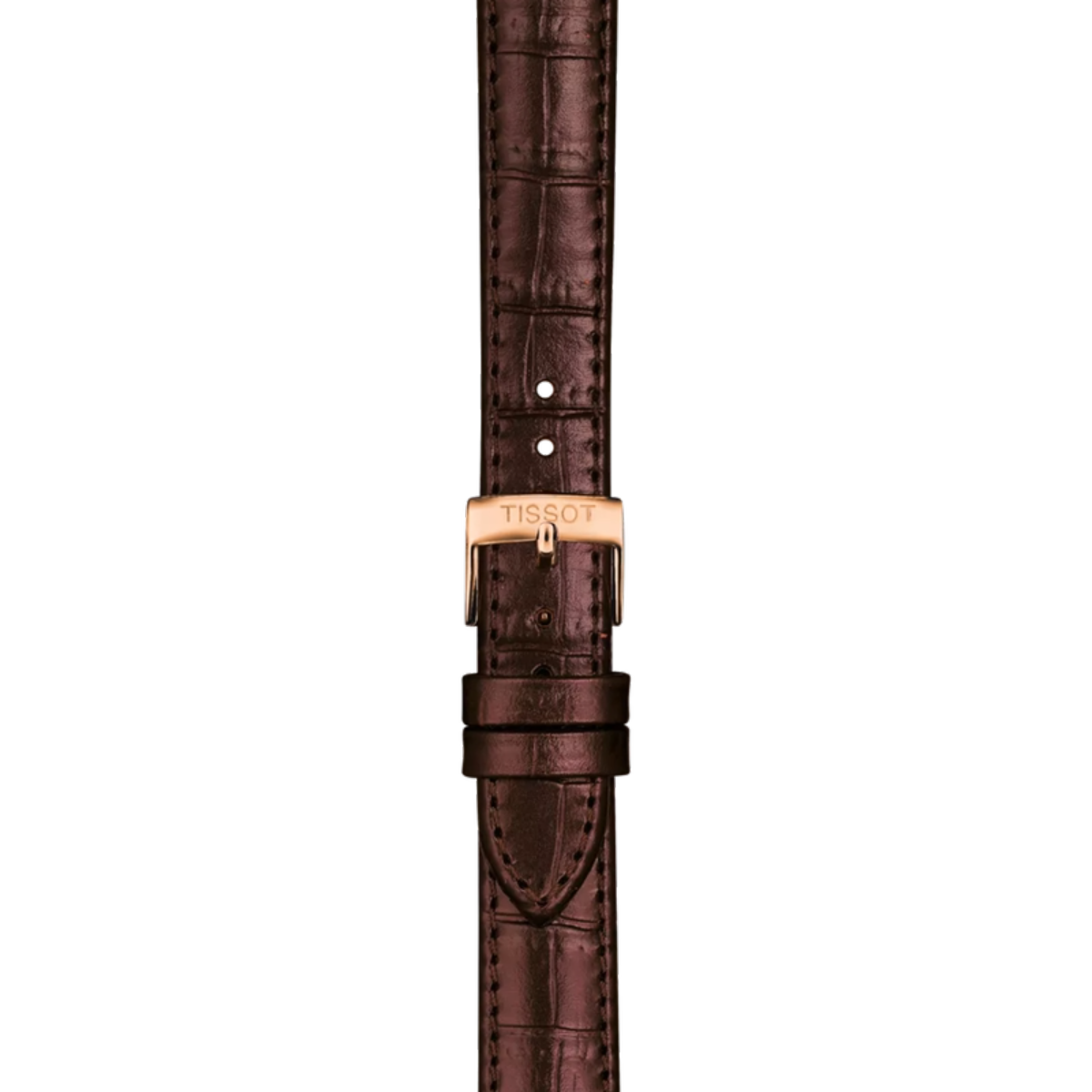 Brown crocodile leather watch strap with rose gold Tissot buckle on a white background