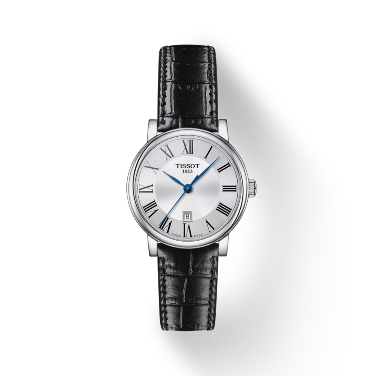 Tissot watch with black leather strap on a white background