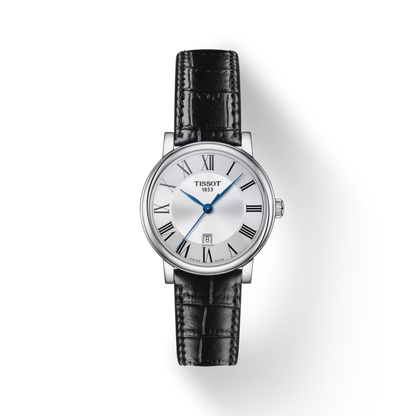 Tissot watch with black leather strap on a white background