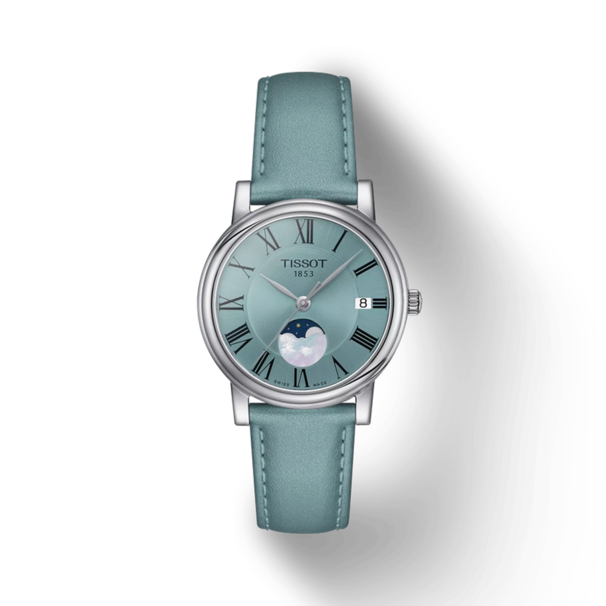Tissot watch with a light blue face and strap on a white background