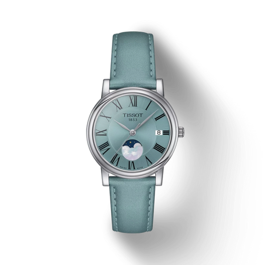 Tissot watch with a light blue face and strap on a white background