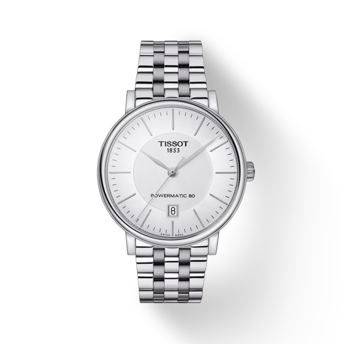 Silver Tissot watch with a white face on a light gray background