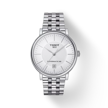 Silver Tissot watch with a white face on a light gray background