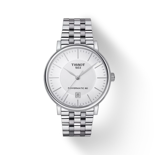 Silver Tissot watch with a white face on a light gray background