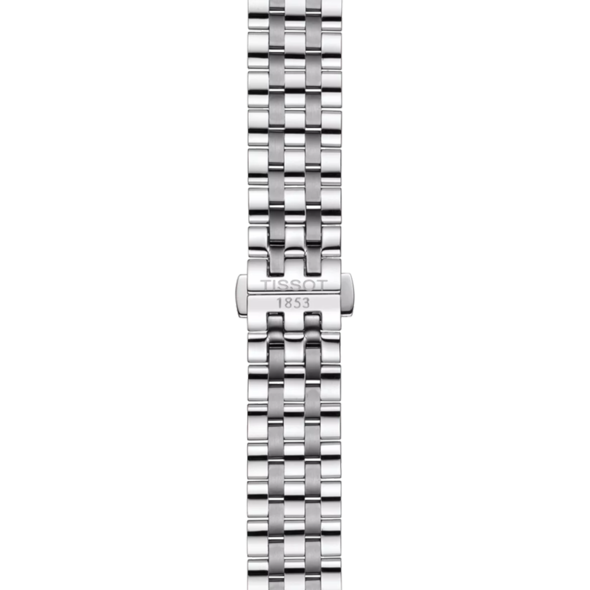 Silver watch bracelet with Tissot logo on a white background