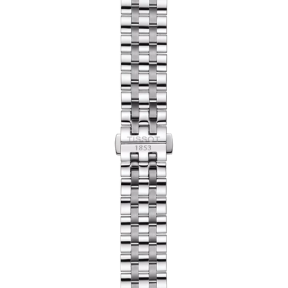 Silver watch bracelet with Tissot logo on a white background