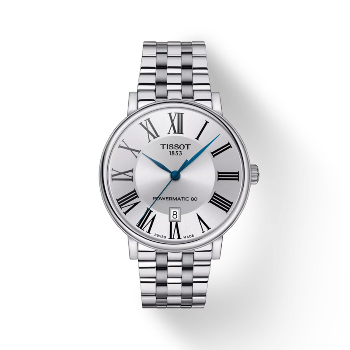 Tissot watch with silver bracelet on a white background