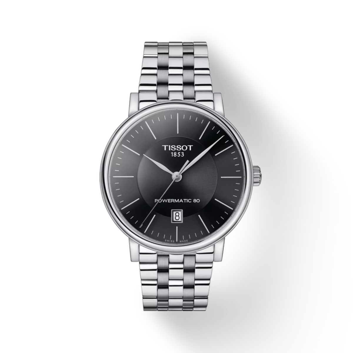 Tissot watch with silver bracelet on a white background