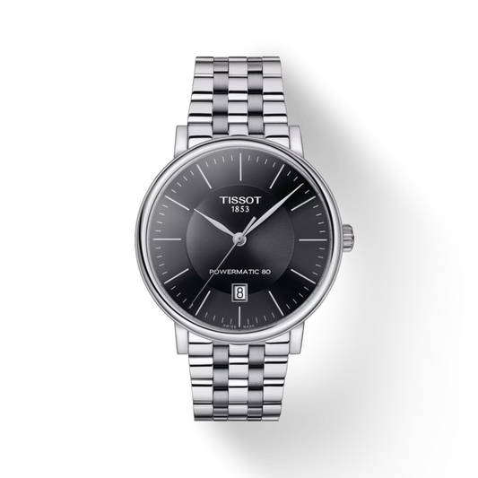 Tissot watch with silver bracelet on a white background