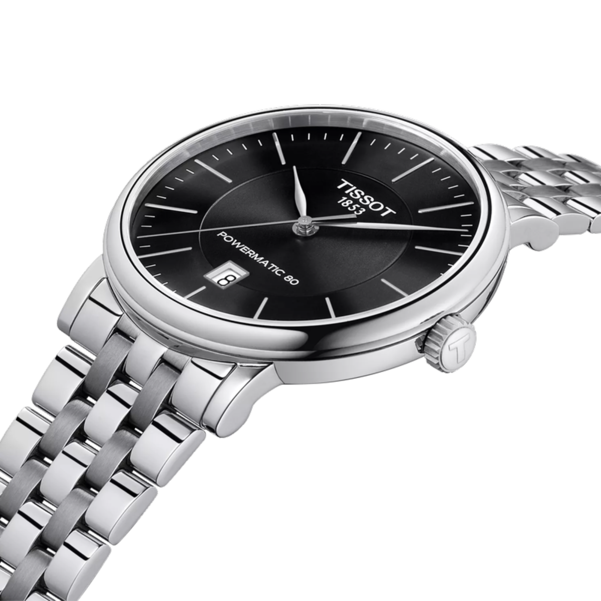 Tissot watch with black dial and silver metal bracelet on a white background