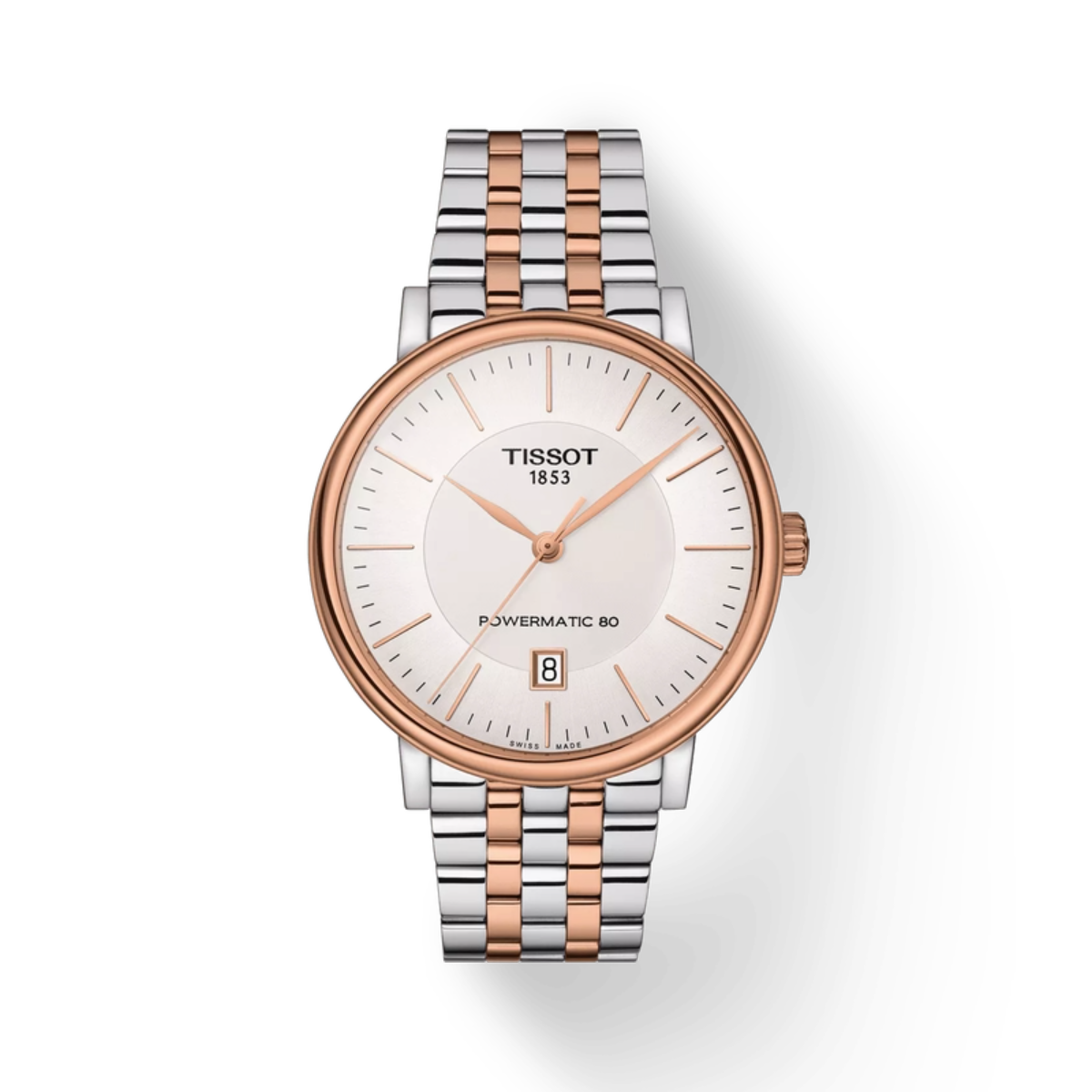 Tissot watch with two-tone metal strap on a white background
