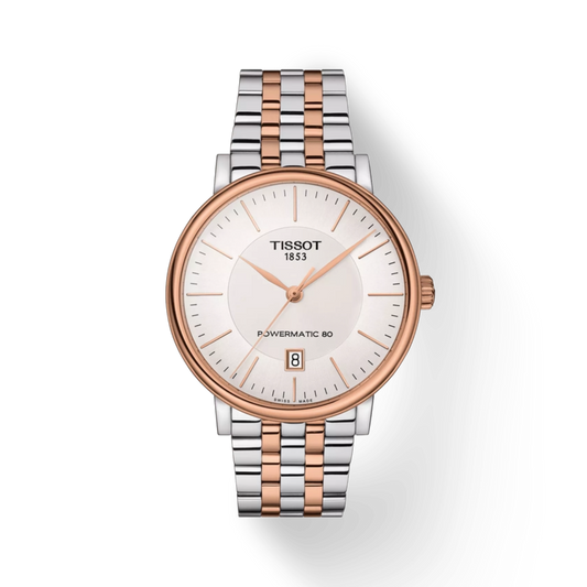 Tissot watch with two-tone metal strap on a white background
