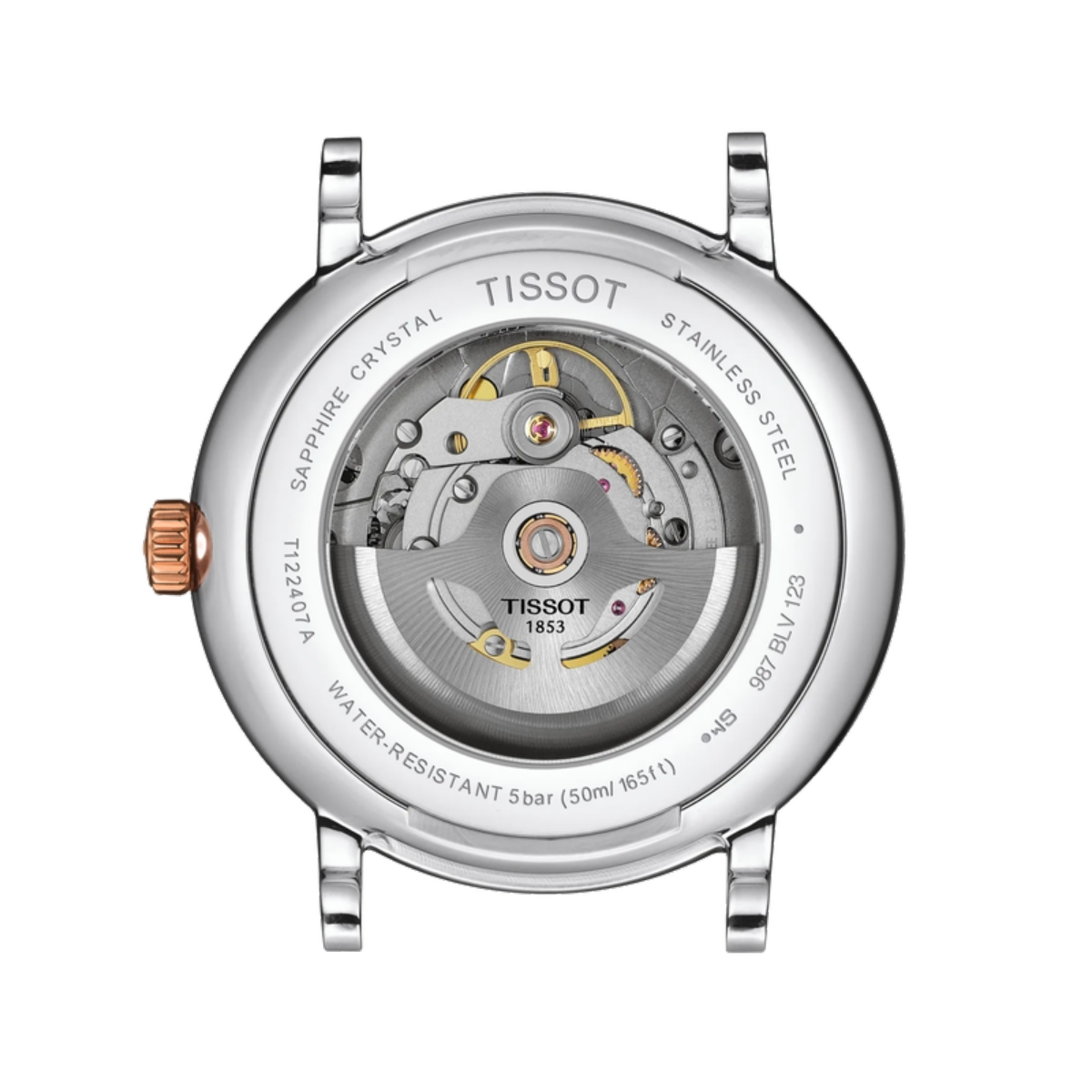 Tissot watch face with mechanical components on a white background