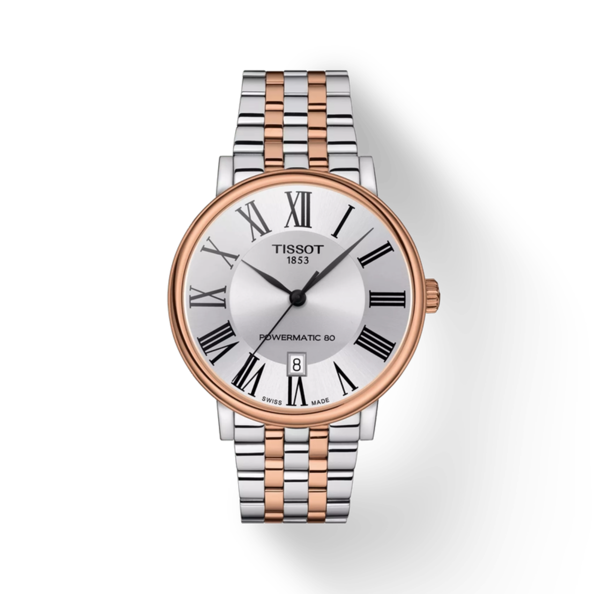 Tissot watch with two-tone rose gold and silver bracelet on a white background