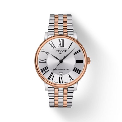 Tissot watch with two-tone rose gold and silver bracelet on a white background