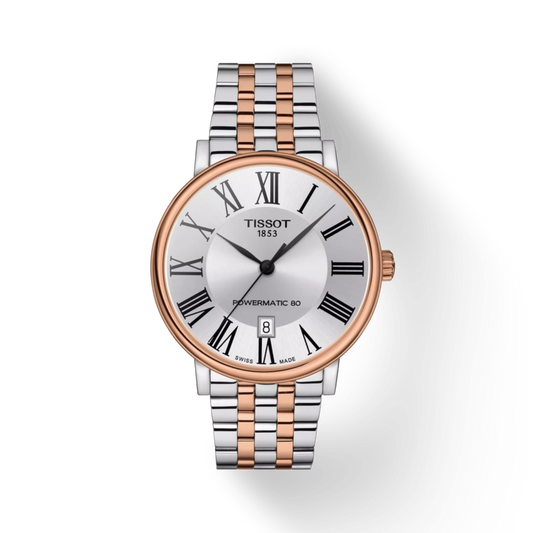 Tissot watch with two-tone rose gold and silver bracelet on a white background