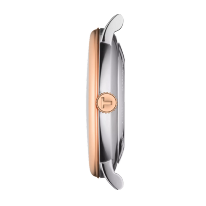 Silver and rose gold smartwatch on a white background