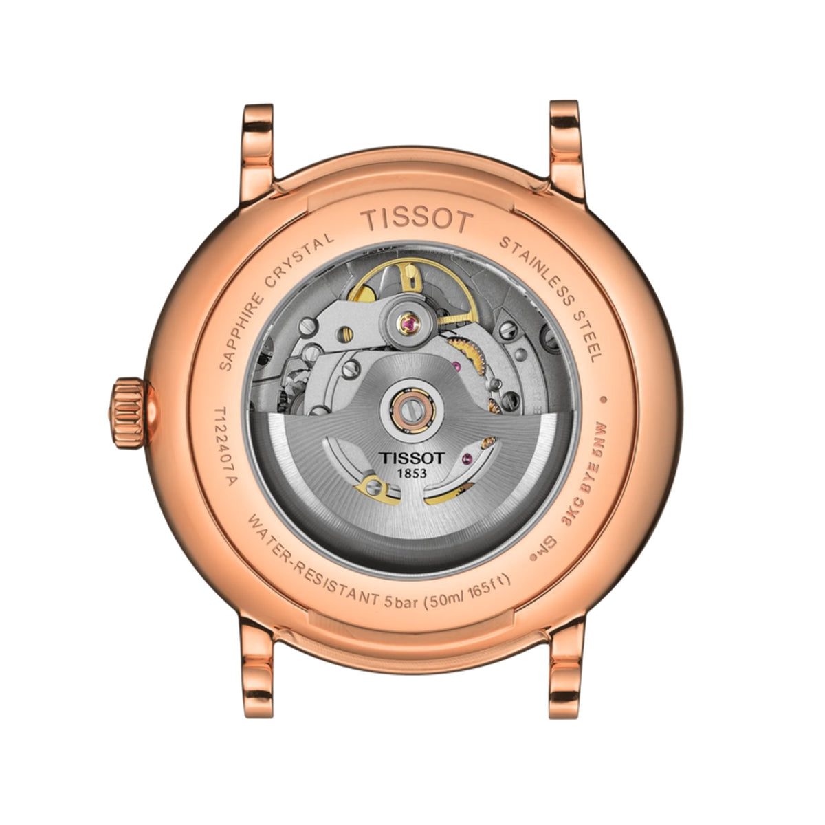 Rose gold Tissot watch with visible mechanism on a white background