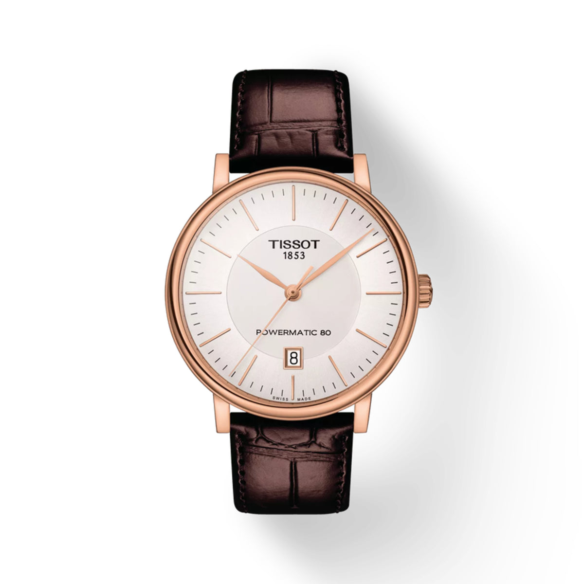 Tissot watch with brown leather strap on white background