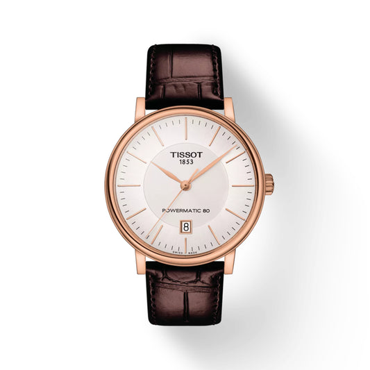 Tissot watch with brown leather strap on white background