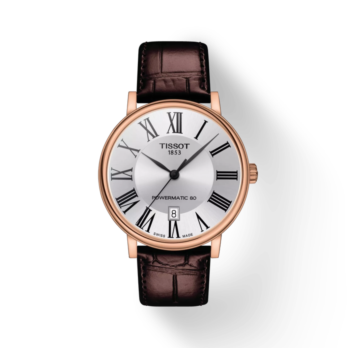 Tissot watch with brown leather strap and rose gold case on white background