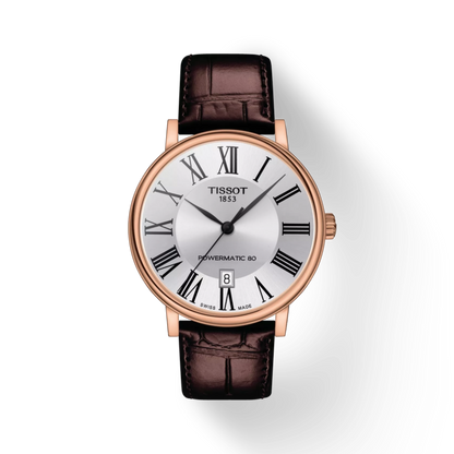 Tissot watch with brown leather strap and rose gold case on white background