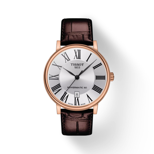 Tissot watch with brown leather strap and rose gold case on white background