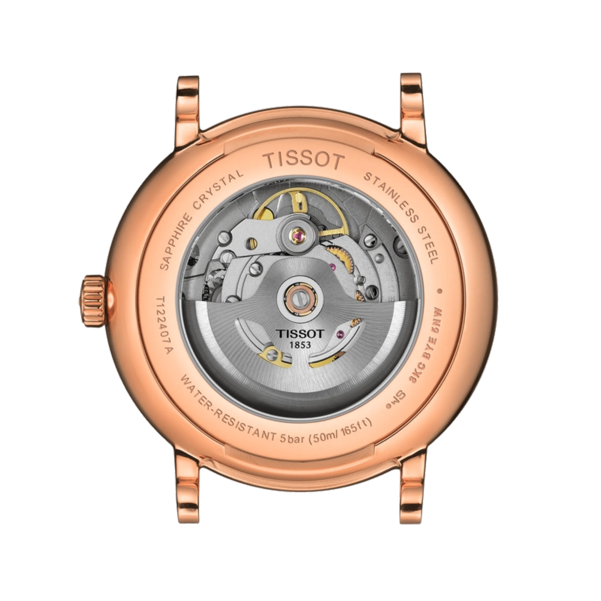 Rose gold Tissot watch with mechanical movement on a white background