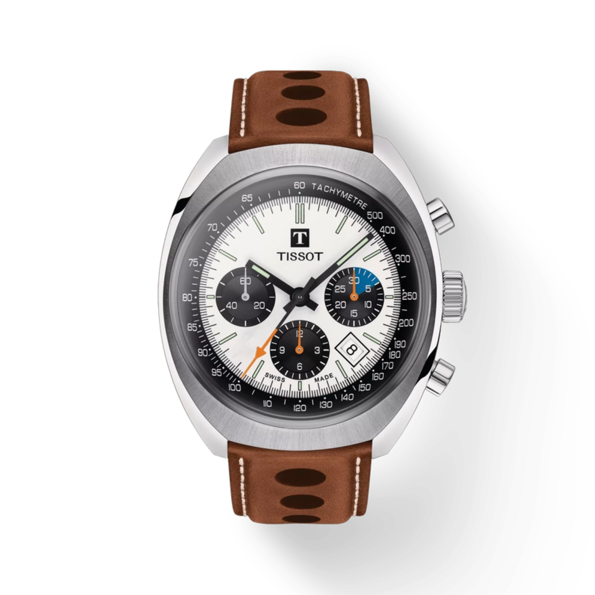 Tissot watch with brown leather strap on a white background