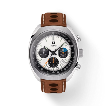 Tissot watch with brown leather strap on a white background