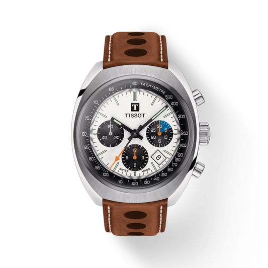 Tissot watch with brown leather strap on a white background