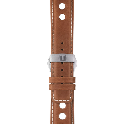 Brown leather watch strap with white stitching on a white background
