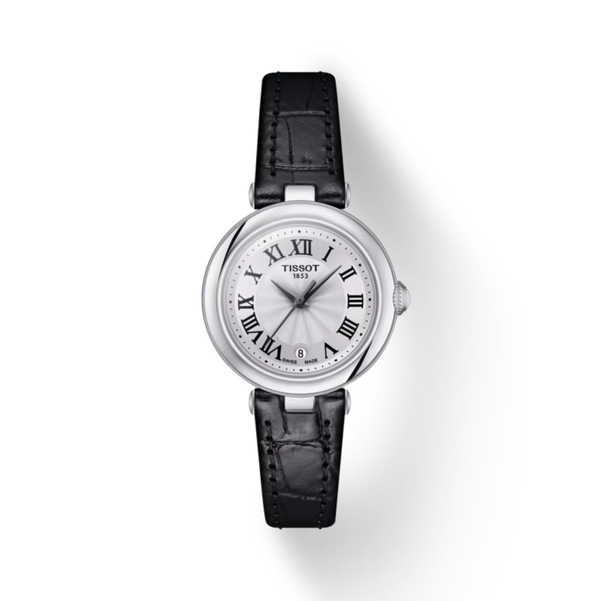 Tissot watch with black leather strap on a white background
