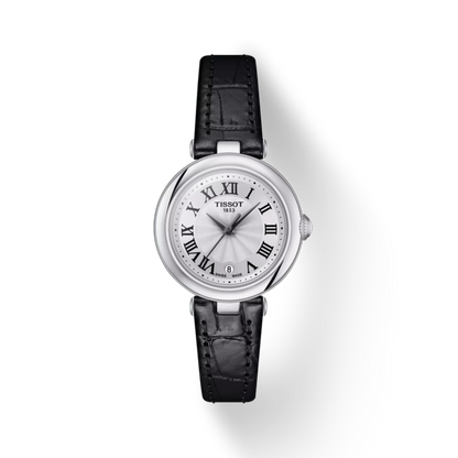 Tissot watch with black leather strap on a white background