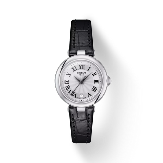 Tissot watch with black leather strap on a white background