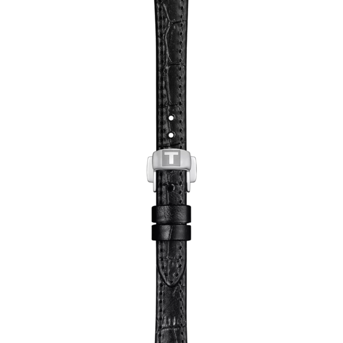 Black textured watch strap with silver buckle on a white background