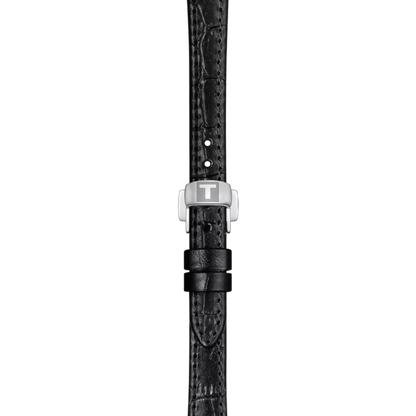 Black textured watch strap with silver buckle on a white background