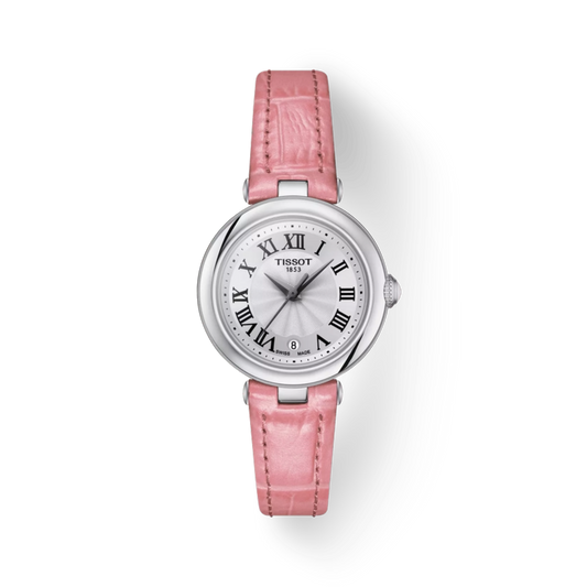 Tiffany watch with pink leather strap on a white background