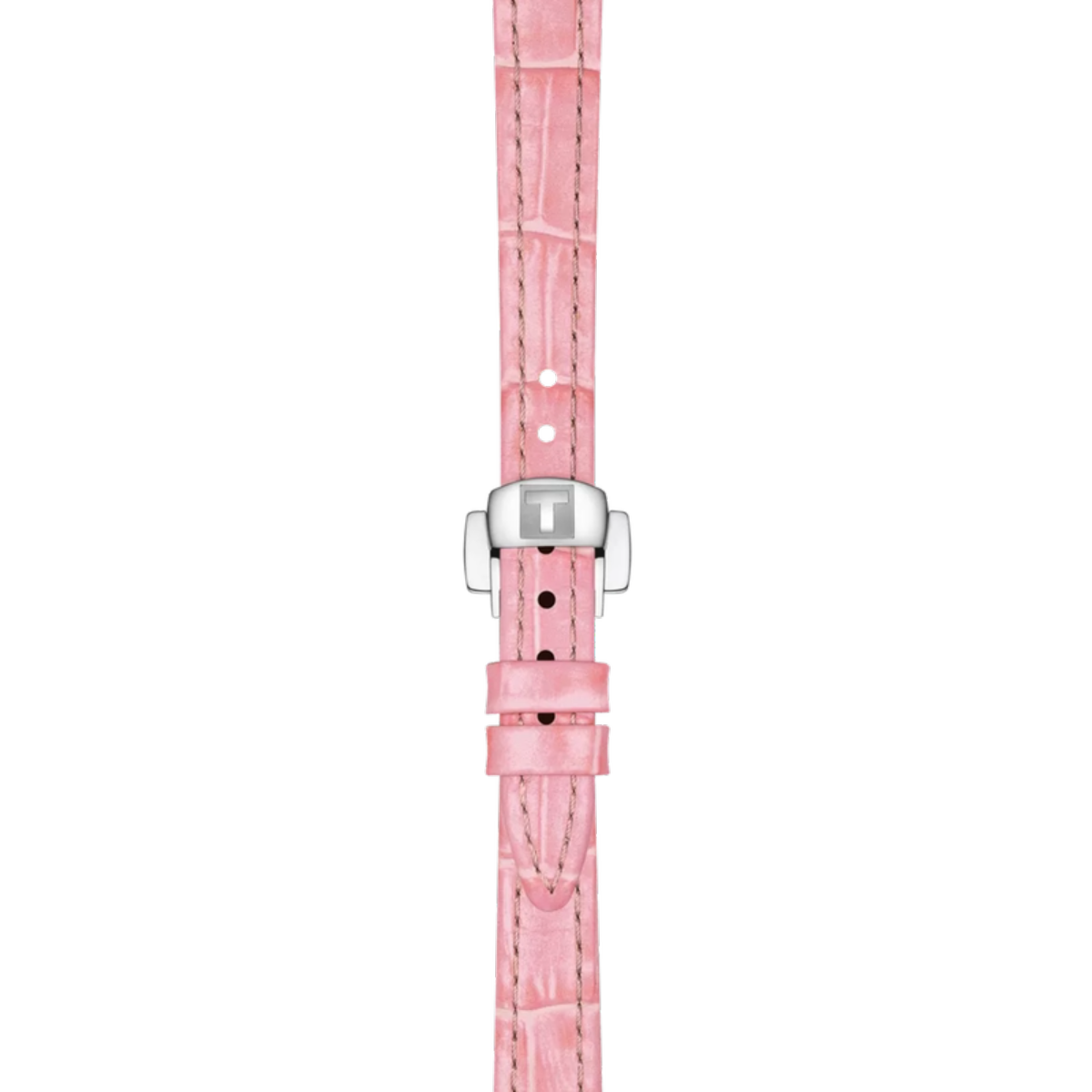 Pink watch strap with silver clasp on a white background