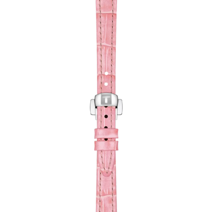 Pink watch strap with silver clasp on a white background