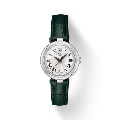 Tissot watch with black leather strap on a white background