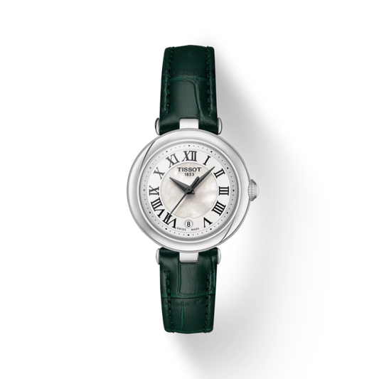 Tissot watch with black leather strap on a white background